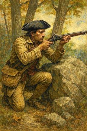 Sussex County History Today: Moses DeWitt <b>Moses DeWitt at the Battle of Minisink. (AI photo rendered on data by Bill Truran and endorsed as historically representative) </b>
