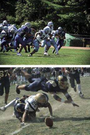 At left, the Spartans rush during their opening game against Kittatinny on Saturday. The Spartans recorded their first win, defeating the Cougars 21-9. (Photo by Chris Reinauer) At right, Pope John fumbles the ball during the game against Vernon High Scho At left, the Spartans rush during their opening game against Kittatinny on Saturday. The Spartans recorded their first win, defeating the Cougars 21-9. (Photo by Chris Reinauer) At right, Pope John fumbles the ball during the game against Vernon High Scho