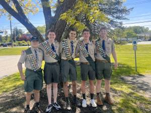 New Eagle Scouts, from left, are Gavin Denmead, Shea Harrison, Brendan Del Coro, Colin Muller and James Weisbeck. (Photos provided)