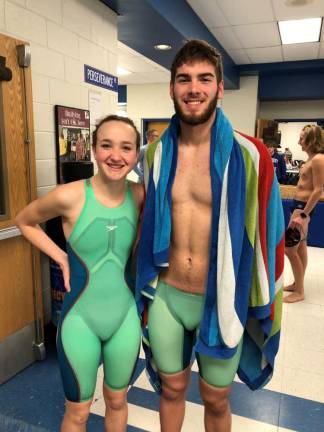 This weekend Kittatinny Regional High School first-year student Clare Schwartz and senior Jake Riva won the Sussex County Championships in the 50-freestyle swim and the 100- freestyle swim in the girls' and boys' races, respectively.