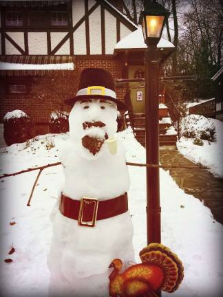 Lake Mohawk had a temporary resident: a snow pilgrim made of Autumn snow. (Photo by Anne Gilmore).
