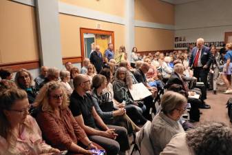 Residents fill the council chambers for the Planning Board meeting May 1. The board voted to restart the application process for Diamond Chip Realty’s plan to build two warehouses at 33 Demarest Road. (Photo by Dave Smith)