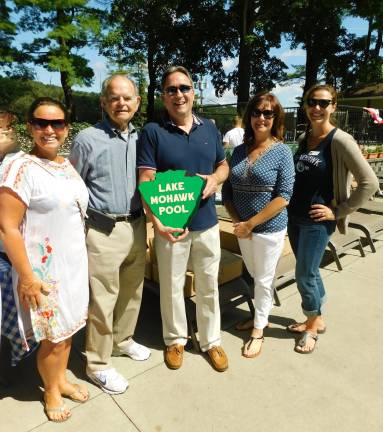 Lake Mohawk Trustee Helena Bould, Lake Mohawk Trustee, Lake Foundation Science Advisor and NJ-COLA President Ernest Hofer, Pool Committee Chair Stu Conklin, Lake Mohawk Historic Committee Chair Holly Fiorella, and Lake Mohawk Trustee Christine Repka-Davis celebrate the rededication of the Lake Mohawk Pool on Saturday, Aug 24, 2019.