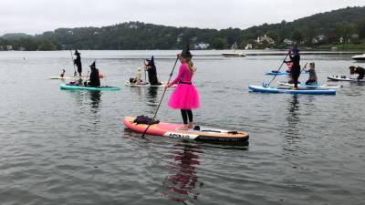Participants in the Witches Paddle fundraiser Saturday, Sept. 30 set off from the Lake Mohawk Country Club in Sparta. (Photo by Kathy Shwiff)