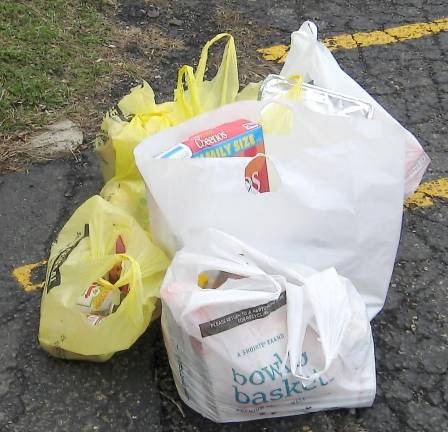 Bags of groceries for patrons of the food pantry at United Methodist Vernon Church.