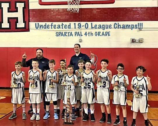 Sparta PAL 4th graders take hoops championship The Midget Basketball League champs, with coaches and trophies. photo provided