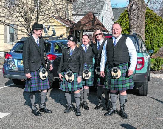 From left are Tom Quinn, Eilene Kopaec, Mary Passell, Kerri Lynn Walsh-Wood and Keith Wood of the Rory O’Moore School of Pipes and Drums in Ledgewood.