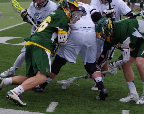 Pope John lacrosse loses to New Providence in tight game Lacrosse players scramble for the ball. New Providence beat Pope John XXIII on their home turf in high school boys varsity lacrosse on Saturday, March 29, 2014. The final score was 7-6. The game was played at Pope John XXIII High School in Sparta, New Jersey.