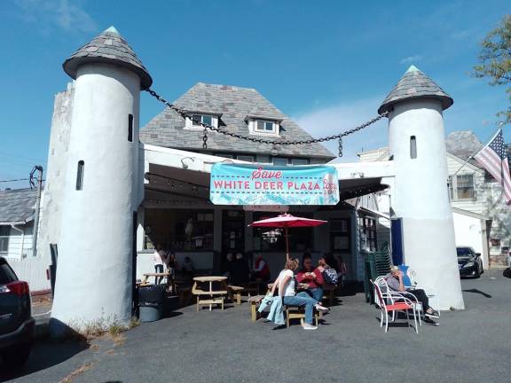 Customers enjoy delicious ice cream treats as they sit on the patio of Alpine Creamery under a Save White Deer Plaza banner.