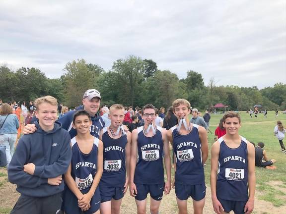 Sparta's Owen Hassloch, Dillon Caswell, Charlie Sandgran, Dan Maher, Anthony Lane &amp; James DiPasquale after a race with Coach Gilmartin. Charlie, Dan &amp; Anthony earned medals by finishing in the top 12 of the Freshmen Boys Race at Garret Mountain on Sept. 14, 2019.