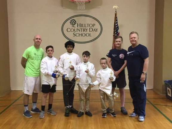Fencing comes to Hilltop Country Day School From left: Hilltop Head of School Kevin Folan, Max Mazzatta, Kana Pasunuri, Michael Marsico, Sergey Gekht (SJ), Allen Trudnos (Tour Assistant Referee), Maestro Mark Trudnos (NFA Fencing Head Coach)