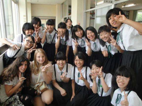 Annette Giacobbe left and Danielle Book (the blond) at a Japanese junior high school, where they sat in on an English class.