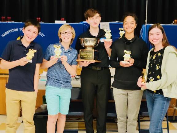 From left are members of the winning Sparta Middle School team: Charles Scholl, Jake Hamilton, Logan Fadil, Victoria Tynes and Sara Schwarz.