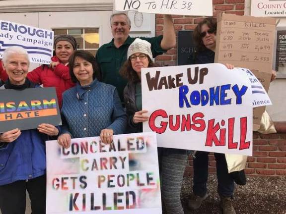 Photo provided by Sue Hannon. Brady campaign protesters outside of Rep. Rodney Frelinghuysen&#x2019;s office in Morristown.