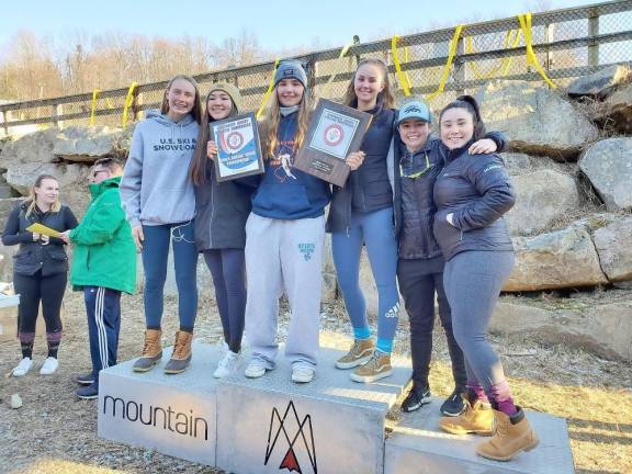 NJAC Champions Sparta Girls Varsity Ski Team Racers (left to right); Cora Moriarty, Rachel Young, Captain Olivia Finkeldie, Jillian Stote, Claudia Calafati &amp; Olivia Calandrillo.