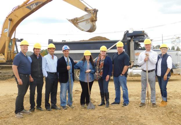 (L-R): Developers Owen Dykstra, Mark Konarsky, and Dimitris Prassas, restauranteurs Steve and Rachael Scro; Sparta Mayor Molly Whilesmith, Freeholder Joshua Hertzberg, Sparta Police Chief Neil Spidaletto and Sparta Councilwoman Christine Quinn gather as the Scros, who own the Mohawk House, break ground for their new restaurant, Modern Farmer, on Tuesday, Sept. 24, 2019.