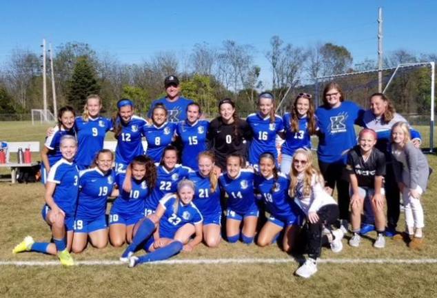 On Saturday, the Kittatinny High School Girls' Varsity Soccer Team beat out Pope John XXIII High in the first round of the prestigious Hunterdon/Warren/Sussex Tournament. Photo of the team after the win. They will play in the quarterfinals this Saturday.