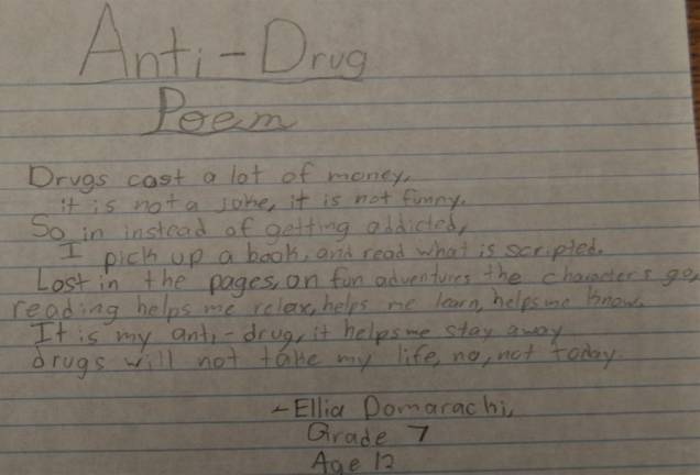 Reading is Ellia's anti-drug. Ellia Domarachi's poem about the cost, seriousness, and solutions to addiction won her a poetry prize.