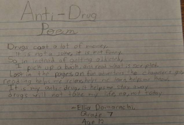 Students win anti-drug poetry contest Reading is Ellia's anti-drug. Ellia Domarachi's poem about the cost, seriousness, and solutions to addiction won her a poetry prize.