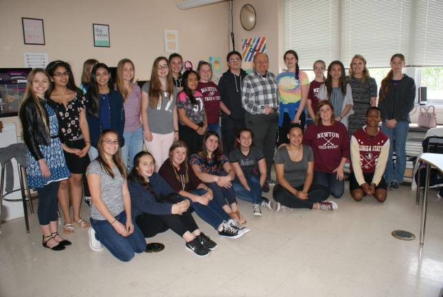 Students hear hard truth from Holocaust survivor Holocaust survivor Otto Salamon flanked by members of the Halsted Middle School Altitude Club. Photos by Leslie Sullivan