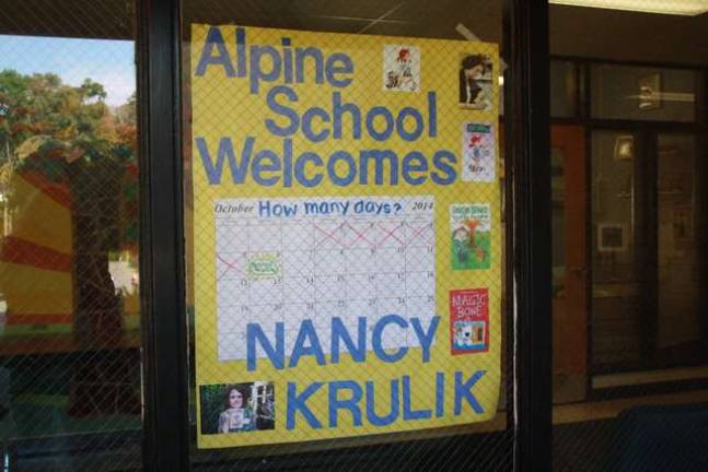 Author visits with Alpine Elementary students Welcome sign at Alpine Elementary Schoo.