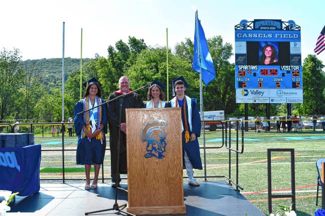 Photos: Sparta High School graduation From left are Uma Kowalski, Class of 2025 treasurer and recipient of the 2025 Billy Reilly Memorial Scholarship; athletic director Steve Stoner; and Abigail Connors and Patrick Connors, both winners of the 2025 Outstanding Senior Athlete awards.