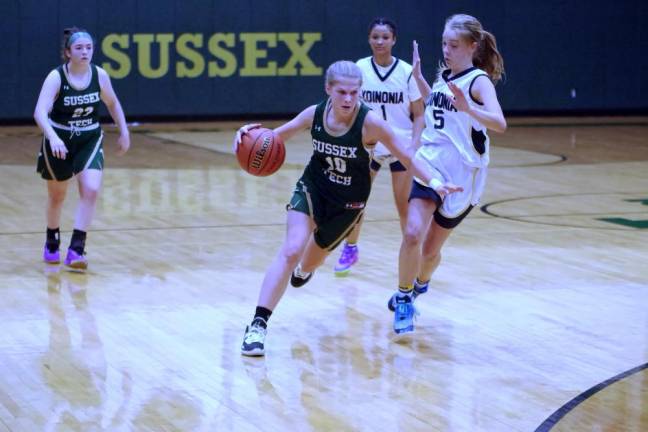 Sussex Tech's Emily Ursin is on the move in the second half of the game. She scored 12 points, grabbed two rebounds and made 13 steals.