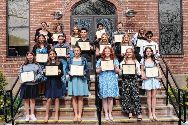 Students honored for caring In front row, from left, are Sara Mahr, Maya Mianowski, Sarah Esposito, Mackenzie Shivas, Emily Perry and Scarlette Phillips. In middle row, from left, are Sydney Cascone, Grace Jurgaitis, Owen Simmons, Hailey Jenkins, Kasiah Schenk and Brandon Sanchez-Casas. In top row, from left, are Avery Brennan, Alina Fee, Savanna Laver, Adrian Urrutia, Luke Cole and Mia Damms. (Photo provided)