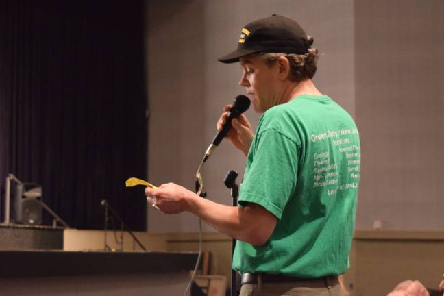 Final Sparta Mountain plan met with dozens of concerns Photo by Erika Norton Kenny Collins of Andover speaks at the public information meeting at Sussex Technical School on May 9.