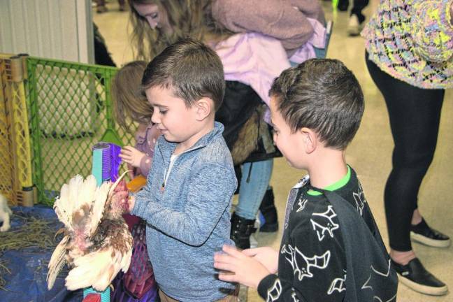 Calvin Malits, 3, and David Rafailov, 5, feed a chicken.