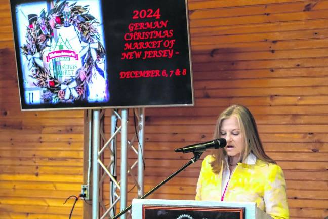 Sabine Watson, president of the German Christmas Market, speaks Sunday, March 10 at the Sussex County Fairgrounds in Augusta. The organization handed out grants to local nonprofits. (Photo by Brielle Kehl)