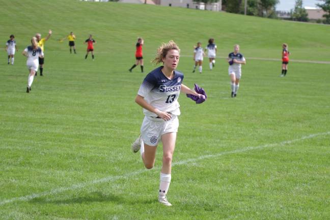 SCCC drubs Northampton in women's soccer Sussex Skylander Regan Thiel runs towards the sideline for a break. Thiel scored one goal. She is a graduate of Newton High School in Sussex County, N.J.