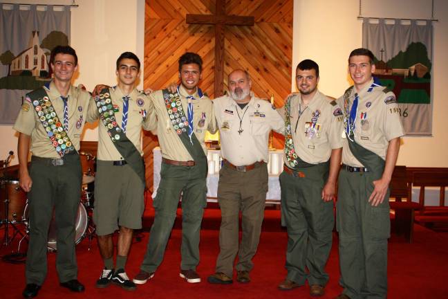 Scouts reach Eagle status From left, Tim Claus, Elijah Cook, Raymond Roggero, Scoutmaster Joe Fucito, Peter Vallario and Thomas Wolfe.
