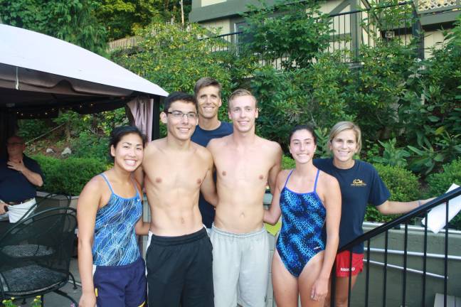 Lake Mohawk swimmers defeat West Milford L to R: Emily Tighe, Chris Rudel, Coach Tim Holovacs, Jarrod Schwesinger, Valerie Russo and Coach Sarah Pisano