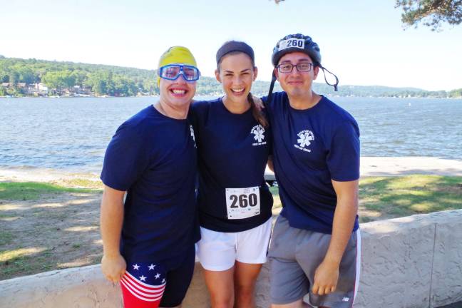 Another big triathlon for Pass it Along Boonton Kiwanis First Aid Squad emergency medical technicians Bryan Weathers (22), Nikki Castellucci (23) and Joel Vega (26) participated as a team called Boonton Firs in the relays category.
