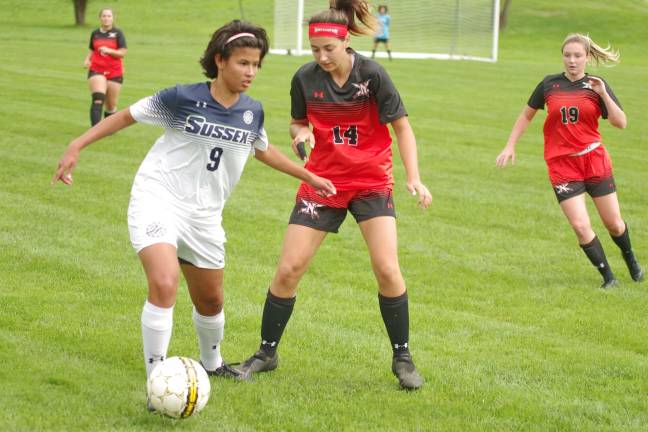SCCC drubs Northampton in women's soccer Sussex Skylander Giovanna Castro steers the ball in the first half. Castro scored two goals and contributed one assist. Castro is a native of Ipatinga, Brazil.