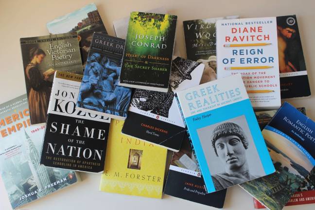 No APs, no problem Photo: Ariana Giulia Reichler An assortment of books from English, history and ethics courses offered in lieu of Advanced Placement classes.