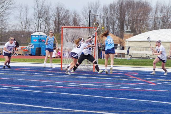 Mead leads Sparta girls to lacrosse victory over Pope John Sparta's Mead (21) launches the attempt while Pope John defenders react. The ball was blocked.
