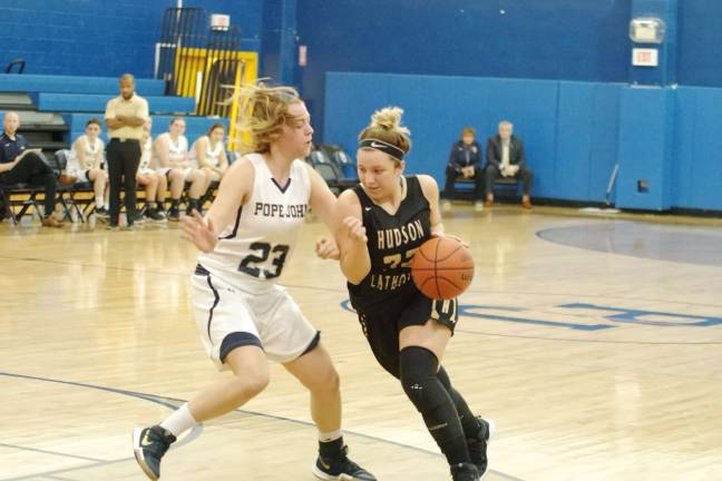 Hudson Catholic beats Pope John in girls hoops Hudson Catholic's Dionna Lenardo with the ball pushes past Pope John's Morgan Heller.