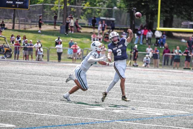 Football roundup: High Point beats Jefferson <b>Pope John quarterback Luke Irwin (2) throws the ball while being chased by DePaul defender Jaxon Bastante. (Photo by George Leroy Hunter)</b>