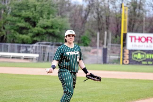 Sussex Tech first baseman Owen Baez. When he was at bat, he was struck by a pitch and awarded first base. He was not injured.