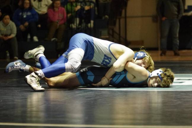 Kittatinny’s Blake Giangrasso gets on top of Sparta’s Andrew Weinzetl in the 126-pound weight class. Giangrasso won by major decision, 13-4.