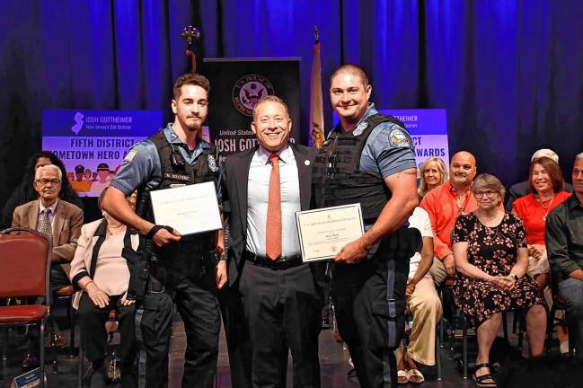 Hometown Heroes honored Rep. Josh Gottheimer, D-5, honors West Milford Police Officers Nicholas Soltesz and Peter Wunk. (Photo provided)