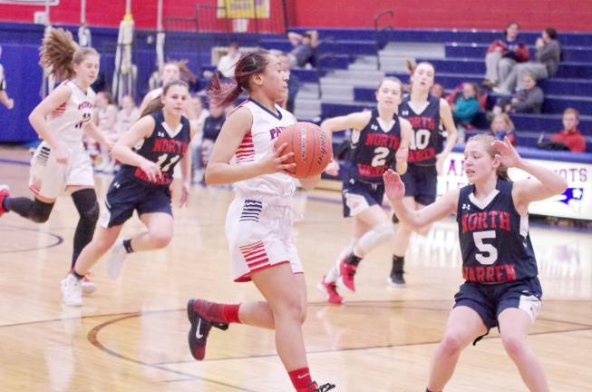 Lenape Valley vs North Warren Lenape Valley's Julia Johnson holds the ball in the first half. Johnson scored 6 points, grabbed 1 rebound and is credited with 2 steals.