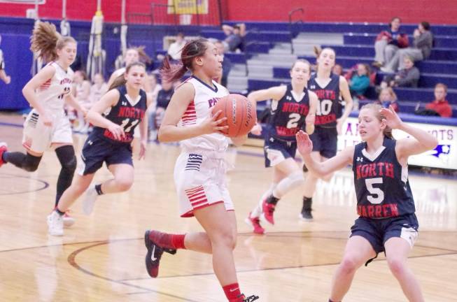 Lenape Valley's Julia Johnson holds the ball in the first half. Johnson scored 6 points, grabbed 1 rebound and is credited with 2 steals.