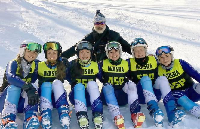 Sparta Girls Varsity Ski Team at State Championships (from left to right) Olivia Finkeldie, Jillian Stote, Rachel Young, Claudia Calafati, Cora Moriarty &amp; Olivia Calandrillo; Back Row: Coach Calafati