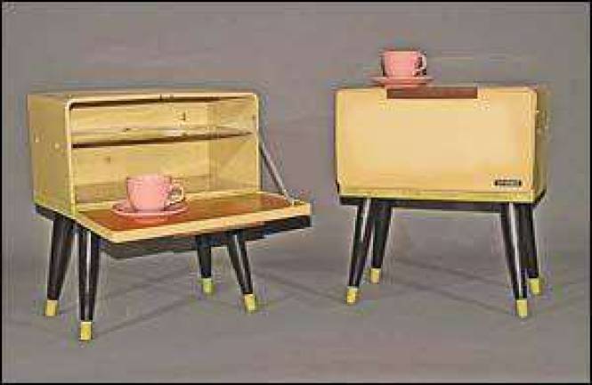 Bread-side tables' exhibit features tables made of vintage bread boxes Bread-side tables' exhibit features tables made of vintage bread boxes