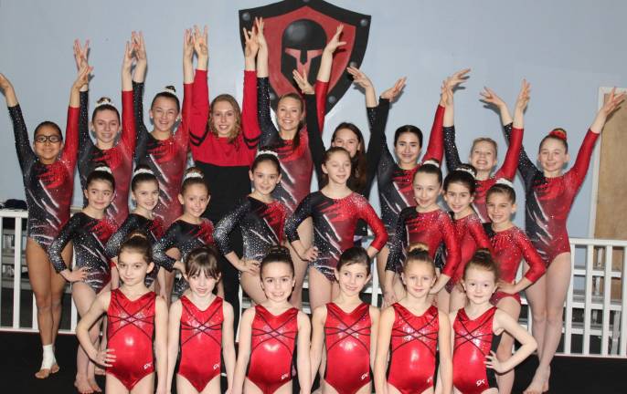 Titan Gymnastics team. From left: top row; Sabrina Sharafi, Natalie Blaszak, Kaylee Babiak, Kindra Hough, Isabella Horowitz, Olivia Costello, Alana Eveland, Maelee Moriarty, Zoe Scheible. Middle row; Alex Purdue, Kendall Scerbo, Adriana Pietropinto, Alex Maresca, Rebecca Green, Lyla Horowitz, Julianna Pelchat, Isabella King. Bottom row; Bailey Cook, Abigail Roeker, Cami Morrow, Emily Barbato, Avreigh Hornyak, Emma Montgomery. Photos provided