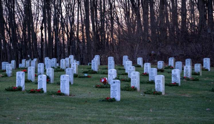 Wreaths cover the graves at the Northern New Jersey Veterans Memorial Cemetery after the ceremony.