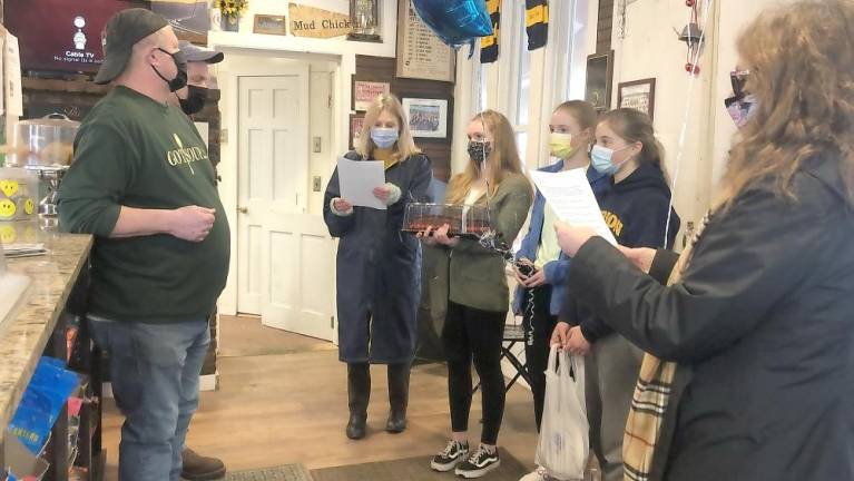Glen Meadow Builder’s Club says thank you to Tracks Deli Students read an official Glen Meadow Middle School Proclamation to the Tracks Deli owners (Photo provided)